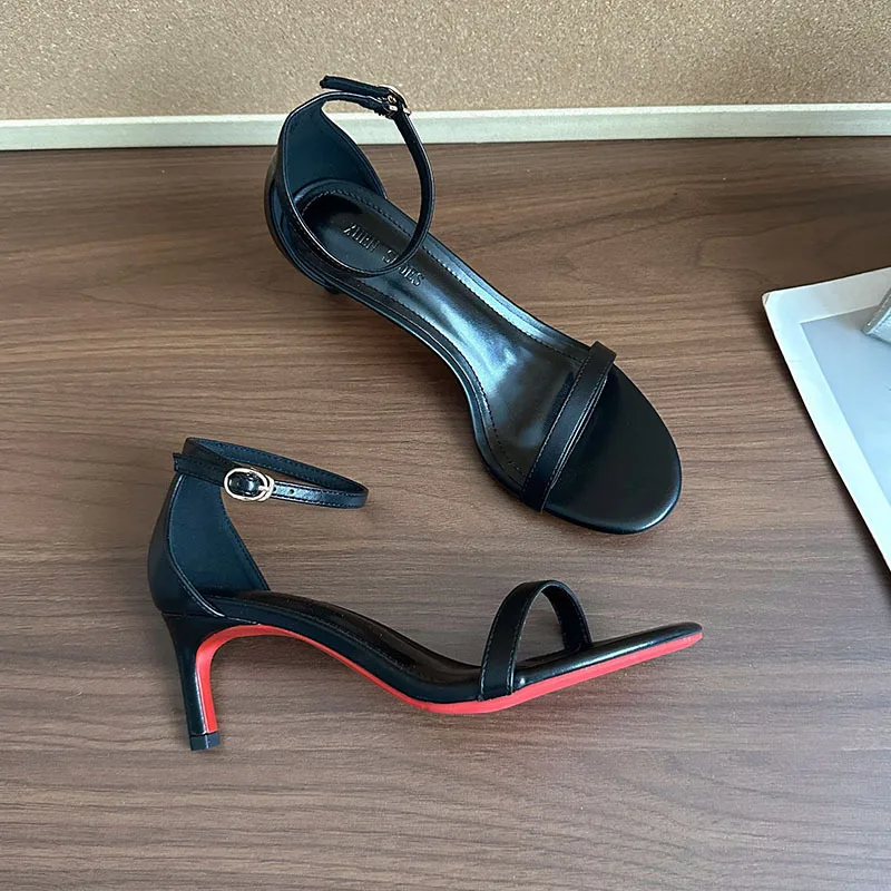 

High Heeled Sandals for Women in The Summer of 2025 Fashionable Black Sexy Slim Heel Straight Buckle High-heeled Shoes
