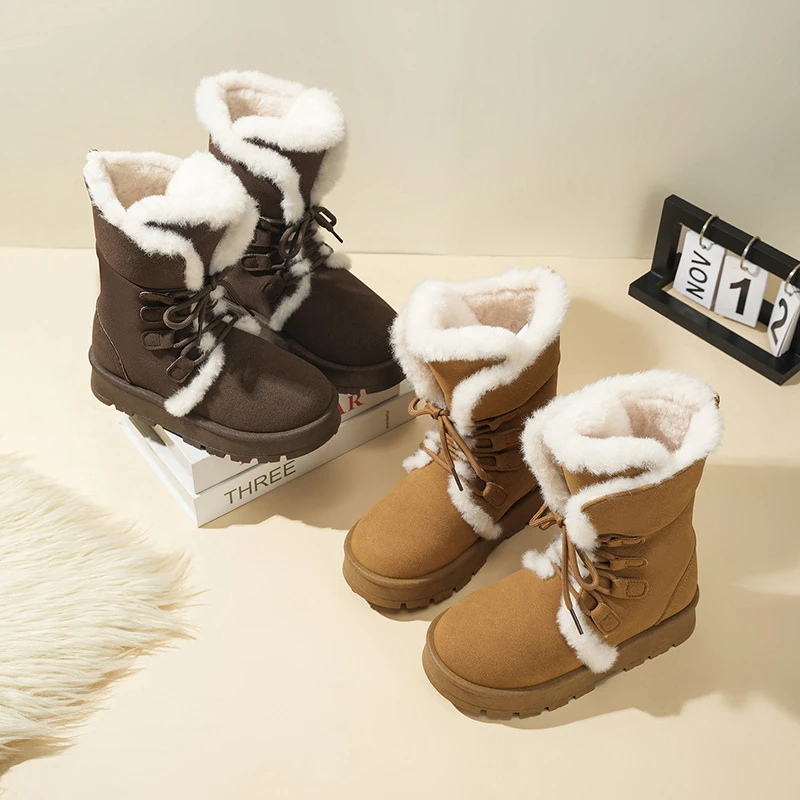 Winter Children Large Size Ankle Boots 2025 New Lace-Up Flat Shoes Bottom Retro Fashion Comfortable Casual Comfortable Snow Boot