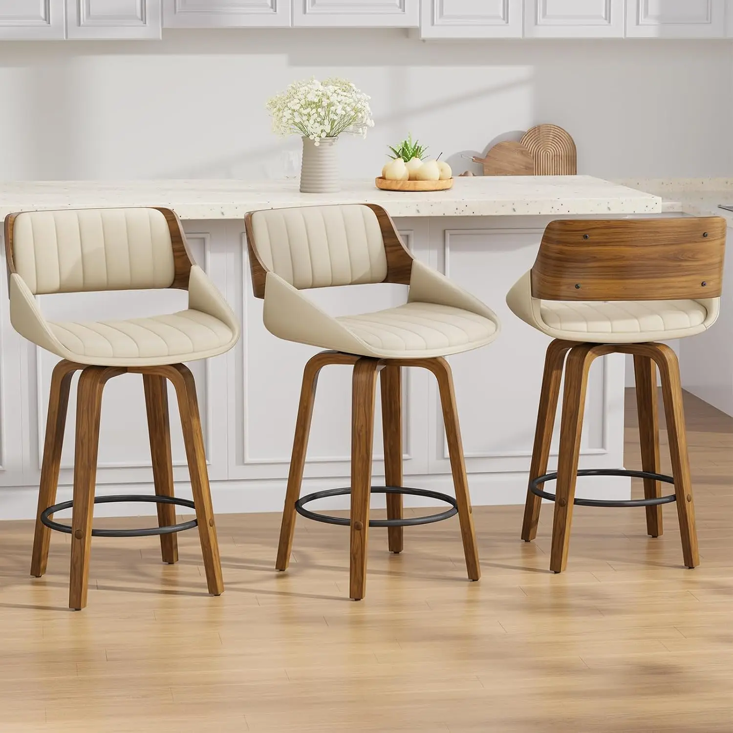 

Bar Stools Set of 3, 26" Swivel Counter Height Barstools with Walnut Bentwood Back and Legs, Mid-Century, Customized