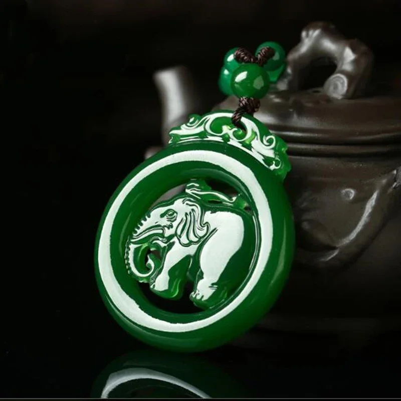 Natural Chinese Green Jade Elephant Pendant Necklace Double-sided Hollow Carved Charm Jewelry Fashion Amulet Gifts for Women Men