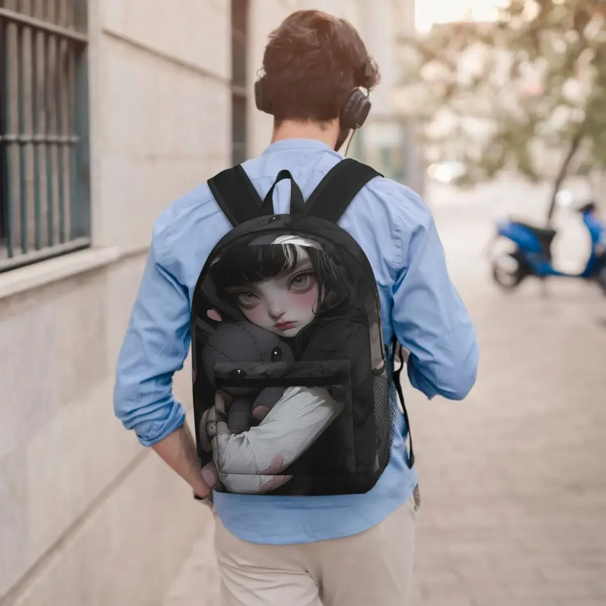 Cartoon Gothic Girl And A Bear Doll Backpack Student BookBag Kids School Bag Computer Shoulder Bags for Men Women