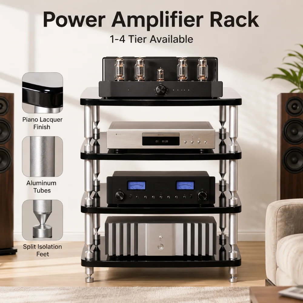 Klavierlack-HiFi-Audiorack mit höhenverstellbaren Aluminium-Stoßdämpfern für Studiomonitor und Heimkinosystem