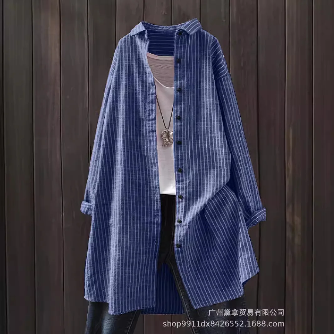 

Autumn Cotton and Linen Women's Striped Shirt Fashion Casual Midi Long Sleeves Large-size Pocket T-shirt Blouses for Female
