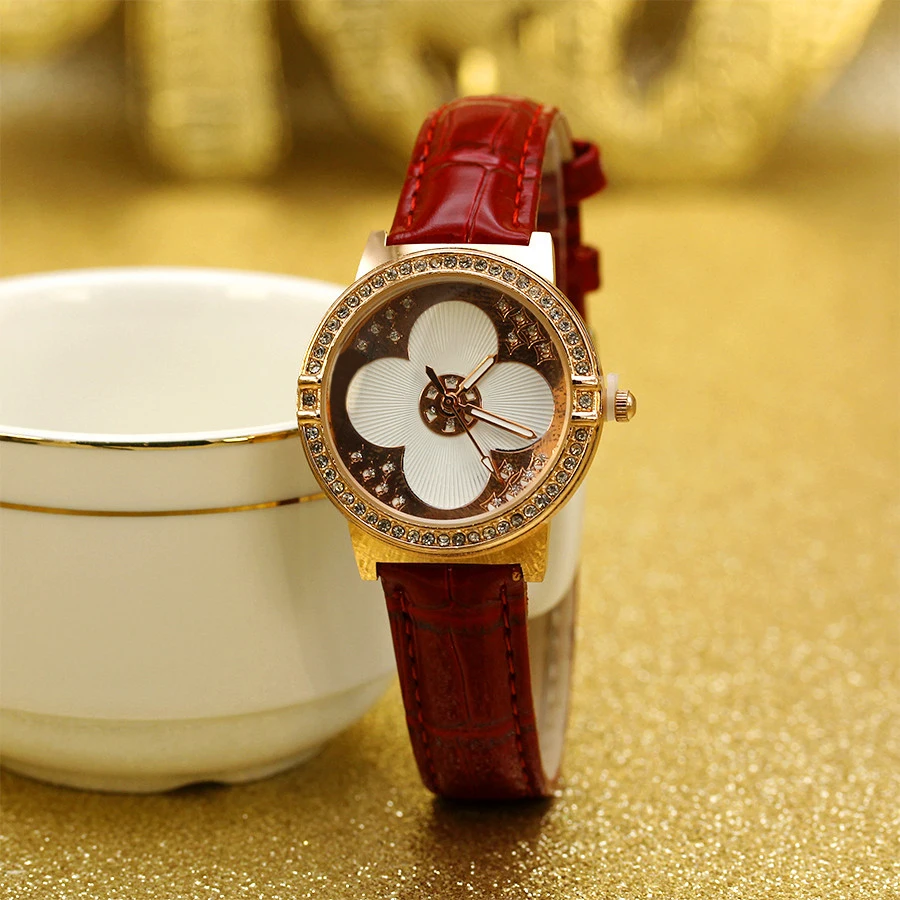 أزياء النساء اللباس الساعات عارضة أربع أوراق البرسيم السيدات لامعة بو حلقة من جلد كوارتز ساعة Reloj Mujer الفتيات على مدار الساعة هدية #4