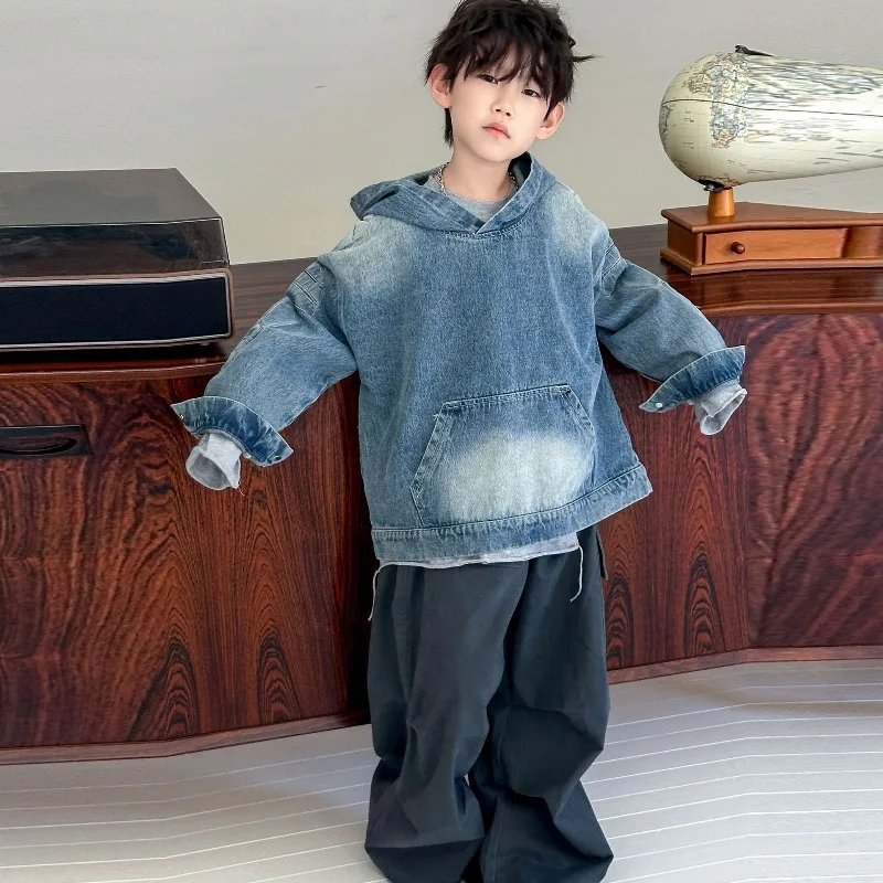 

2025 Children's Hooded Sweater Korean Edition Casual Top Spring and Autumn New Style Preschool Fashion Cool Cowboy Clothing