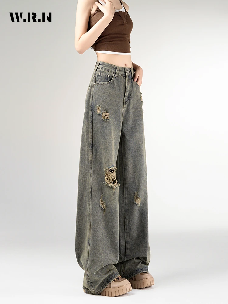 

American Vintage Ripped Trashy Jeans 2024 Summer Women's Casual Baggy Y2K Pants Wide Leg Grunge Hollow Out Denim Trouser