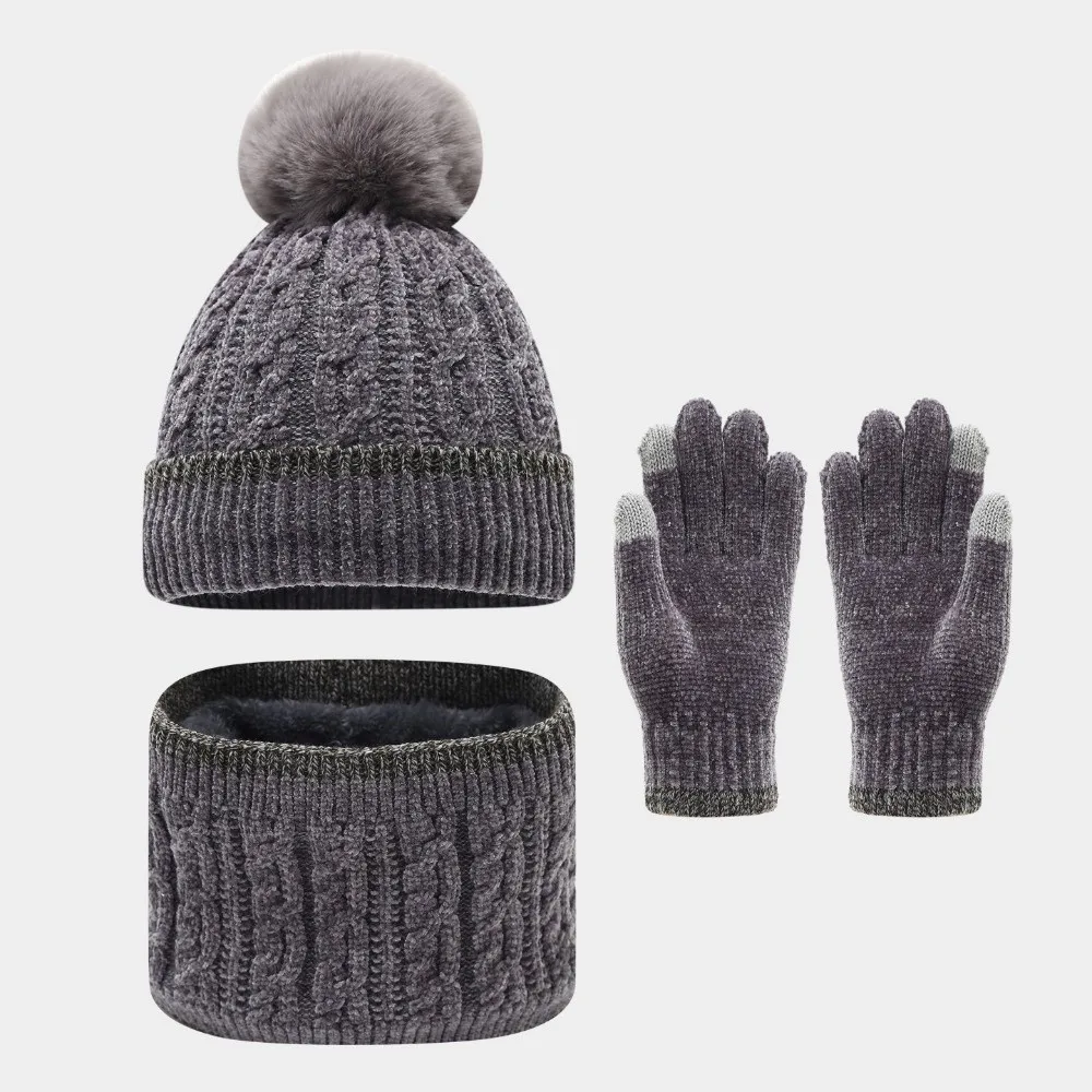 New Thicken Knitted Hat Set Windproof Knitted Toddler Winter Hat Three Piece Set Autumn And Winter Pompom Hat Set For Toddlers