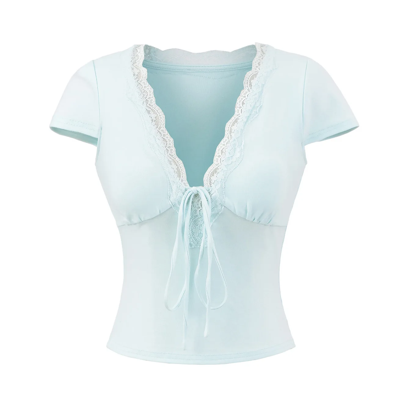 V-neck lace-up short-sleeve T-shirt with lace trim for women summer 2025 new style sexy and slimming top   DNUJ