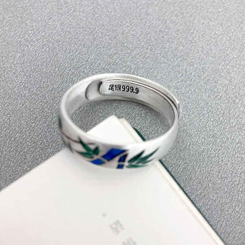 999 Pure Silver Bamboo Wide Ring for Men and Women Fashion Simple Enamel Adjustable Opening Finger Ring Jewelry Handmade JZ125