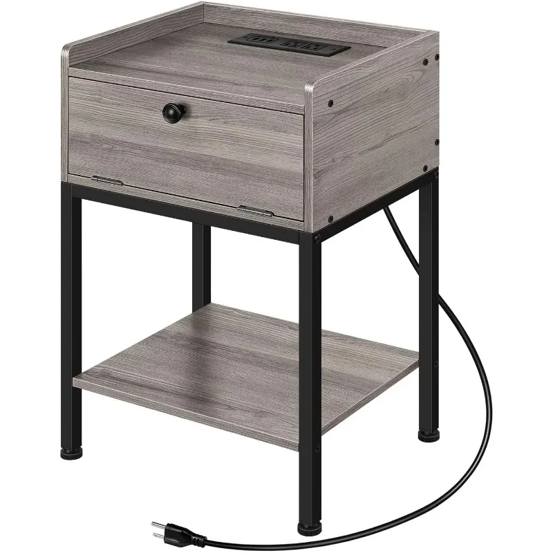 Wood Side Tablewith Charging Station   Storage Drawer,Nightstand with Charging Station End Table with Drawers. Gray