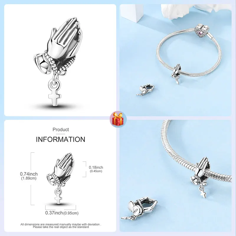 Symbols Beads 925 Sterling Silver Praying Hands with Cross Necklace bracelet charms for Women's Jewelry DIY Pulseras Gift