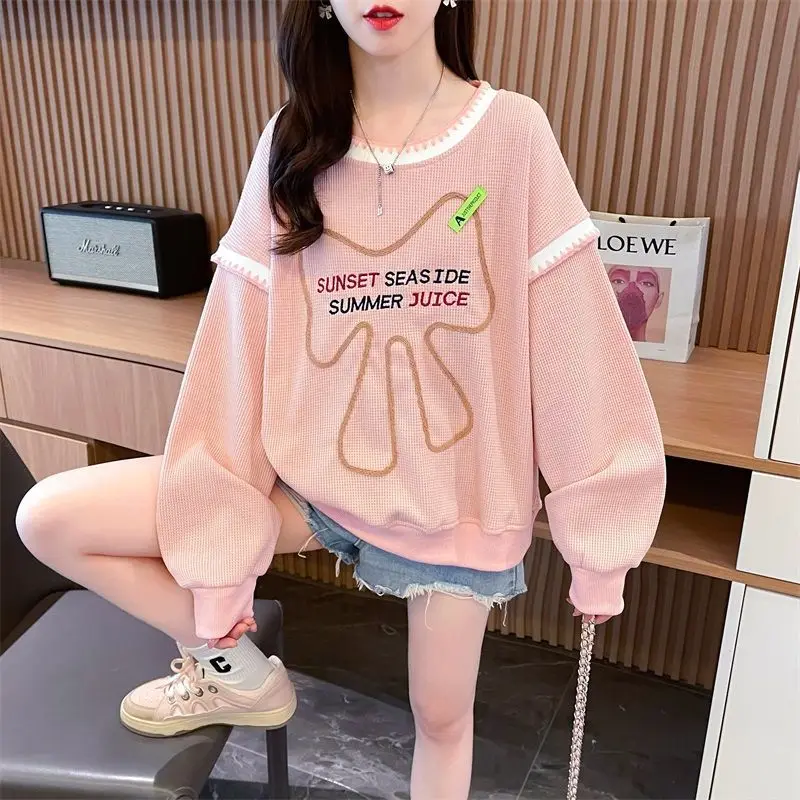 Female Fashion Korean Round Neck Patchwork Sweatshirts Autumn Winter Women\'s Clothing New Long Sleeve Loose Fake Two Pieces Top