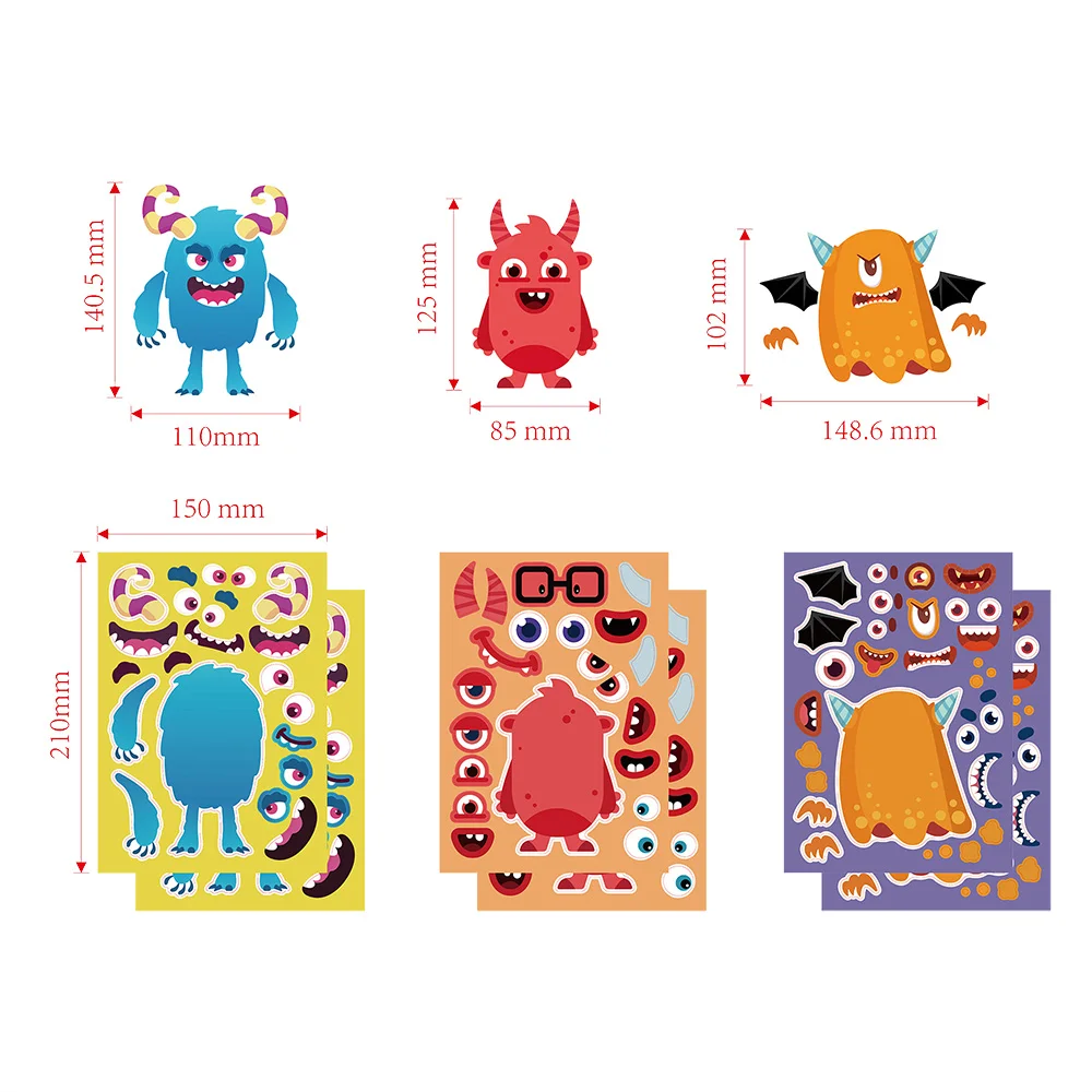 6/12Sheets Kids Stickers Puzzle Games Halloween Cartoon Monster Sticker Educational Toy Make A Face Assemble Jigsaw Boys Girls