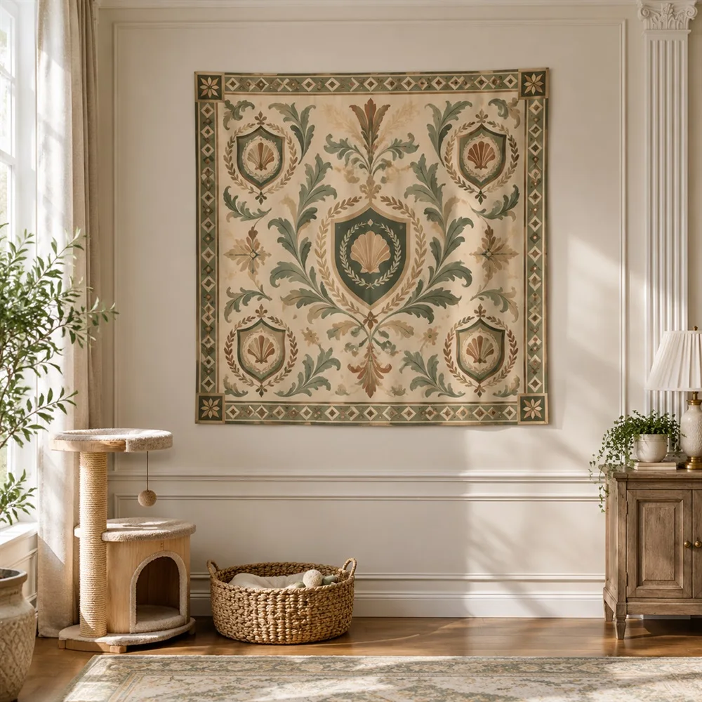 VIKAMA Geometric Crest Motif Clustered Groups Tapestry Wall Hanging, Neoclassical Wall Decor Tapestries for Living Room Bedroom