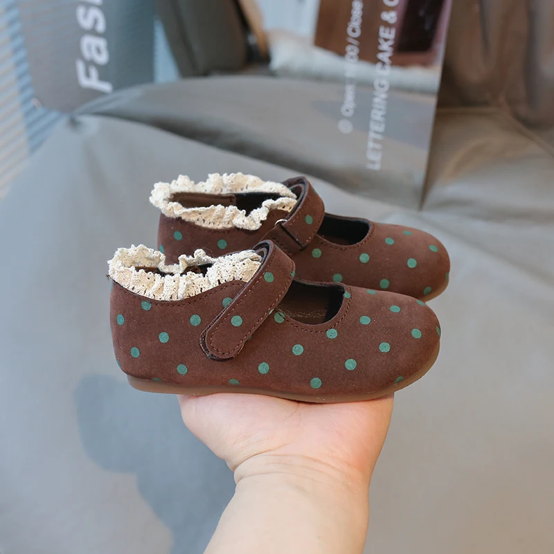 สีชมพู/สีกาแฟสาวรองเท้าหนังลูกไม้ Polka Dots ลื่น Soft Sole รอบ Toe ฤดูใบไม้ผลิฤดูใบไม้ร่วงกลางแจ้ง PU Casual รองเท้าหนัง