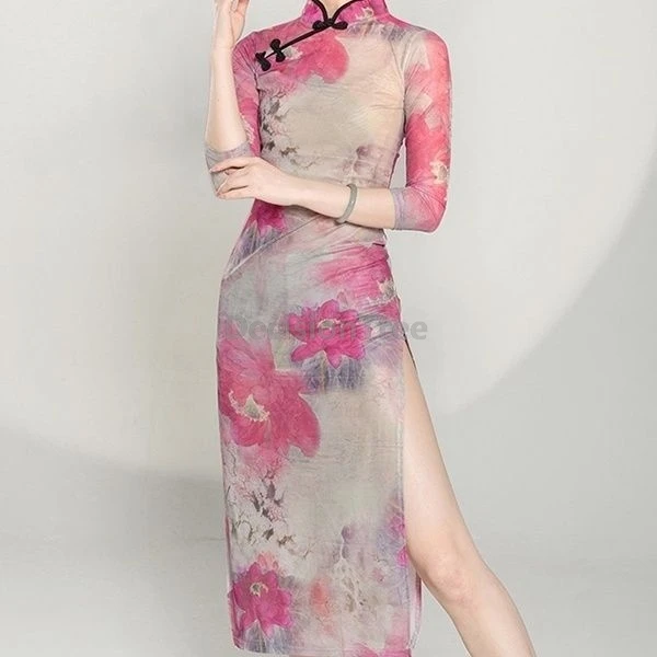 Classical Dance Printing Qipao Chinese Folk Dance Practice Garment Stage Performance Temperament Stretchy Mesh High Slit Dress