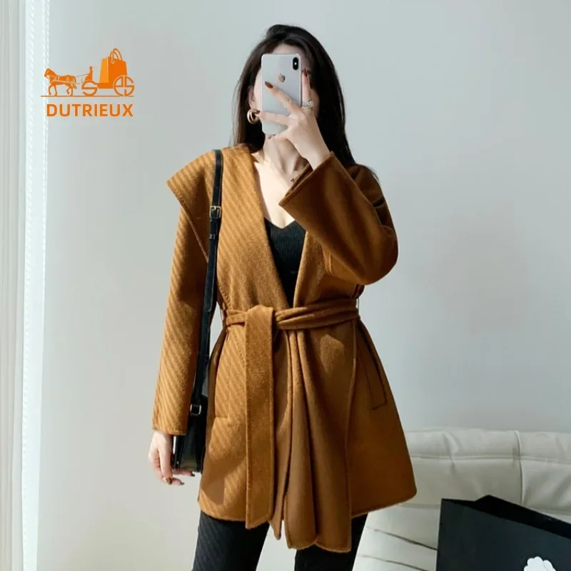 

Top quality Max Cashmere Coat Women,Luxury Double-sided Water Ripple 100%Cashmere Hooded Wool Coat Winter Warm Jacket for Women