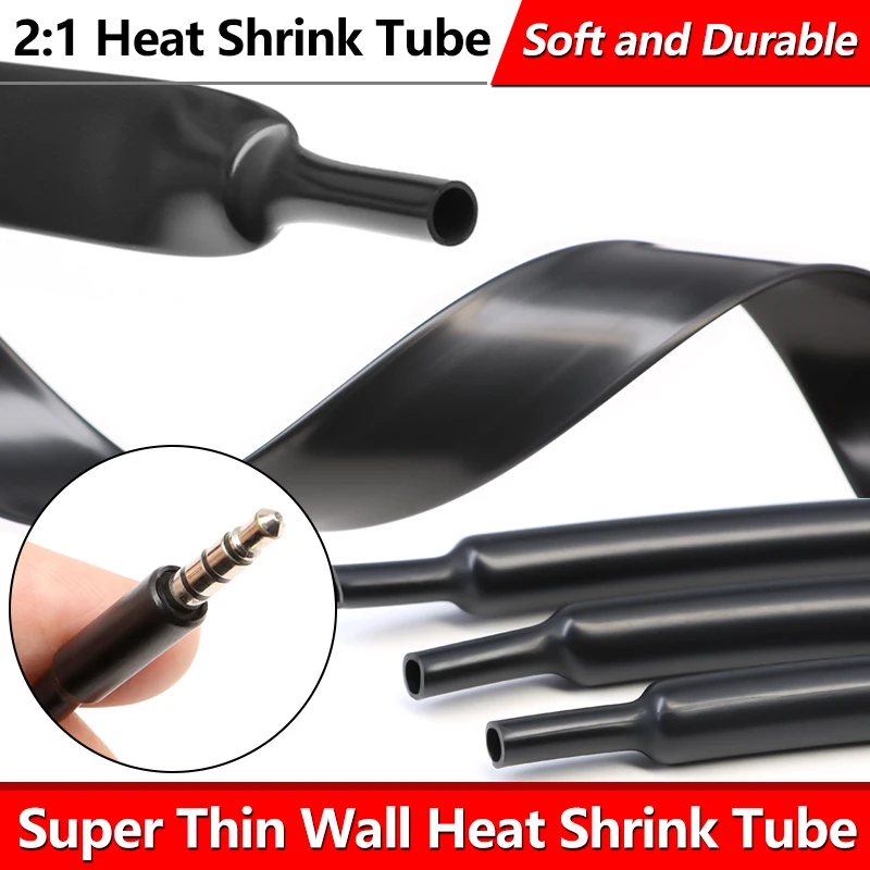 2:1 Shrink Rate Black Super Thin Wall Heat Shrink Tube Diameter 1 ~ 20mm DIY Earphone Line Audio Cable Repair Sleeve Wrap