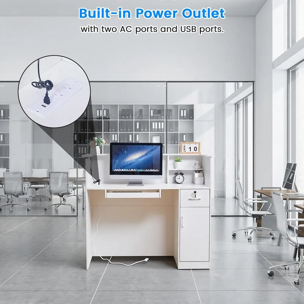 50 受付デスク – モダンなフロントデスク、鍵付き引き出し、キーボードトレイ、収納キャビネット、内蔵電源コンセント、LEDライト付き