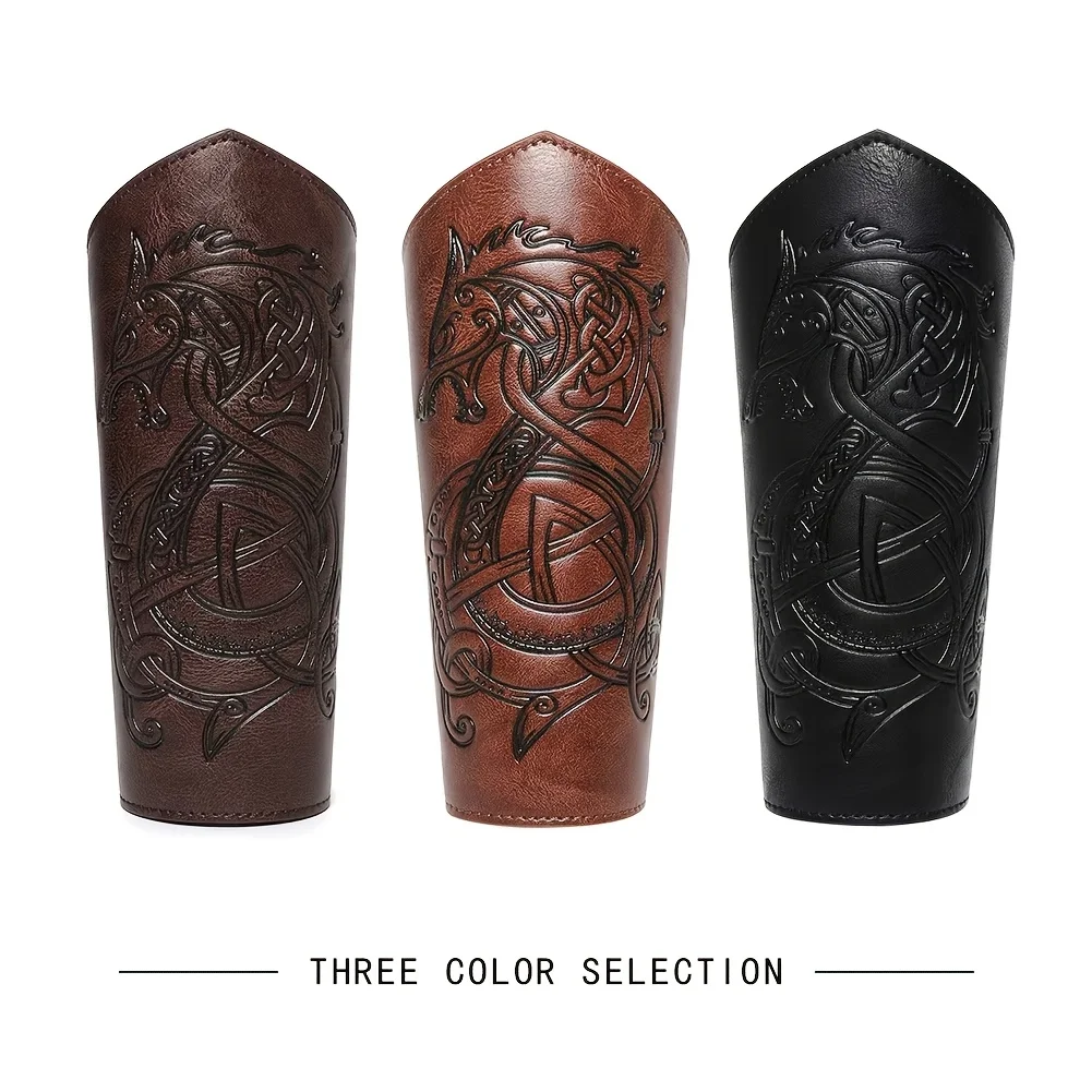 Medieval Viking Style Dragon Totem Wrist Guards Vintage Pu Leather Armor Arm Warmers Pirate Knights Bracers for Renaissance Fairs Halloween LARP Cosplay Party