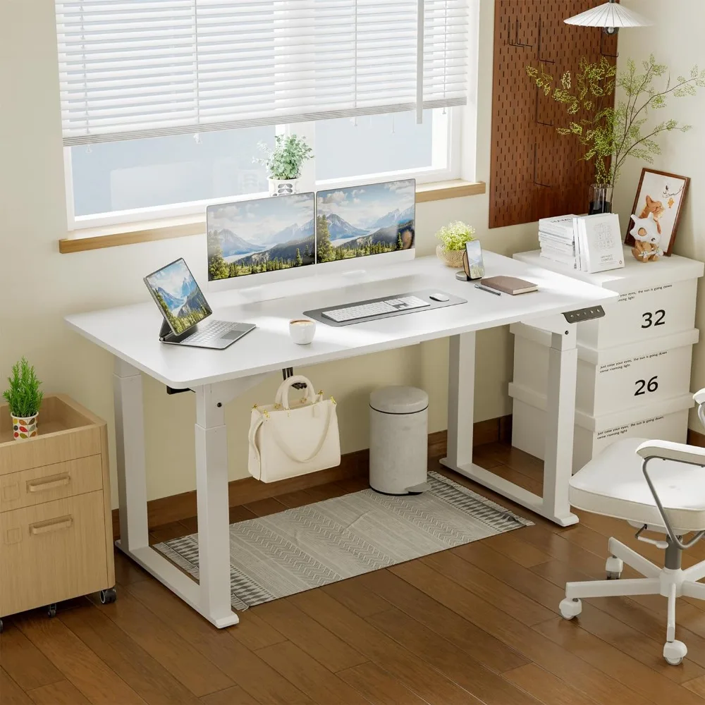 Desk 4 Legs, 63 x 28 Inches Height Adjustable Table with Strong Dual Motor, Computer Workstation with Memory Preset for Home