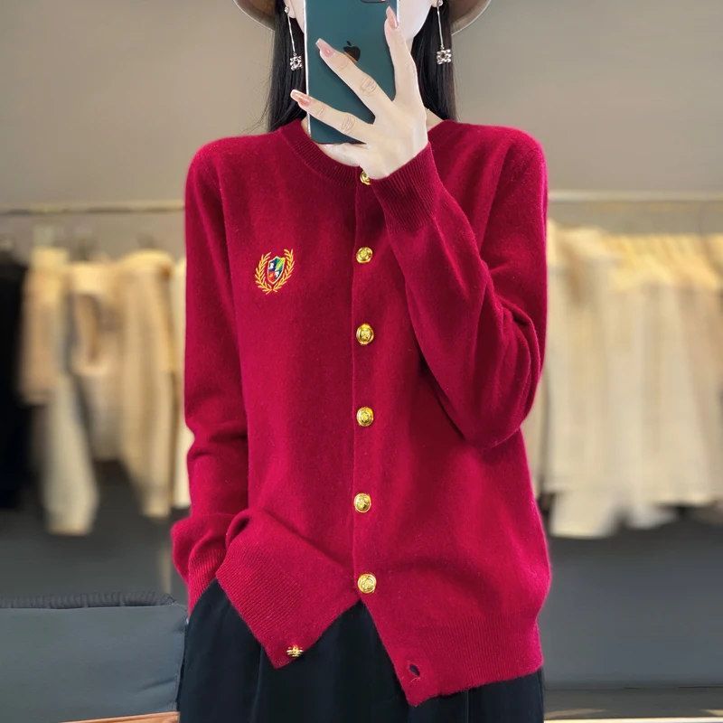 Knitted Sweater Cardigan Women\'s 24 Autumn Winter College Style Contrasting Color Badge Embroidery Slim Fit Jacket 100% Wool Top