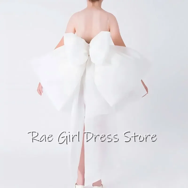 White Jacquard Kids Dress Mini Puffy Gown Spaghetti Strap Giant Back Organza Bow For Wedding Photoshoot Customized