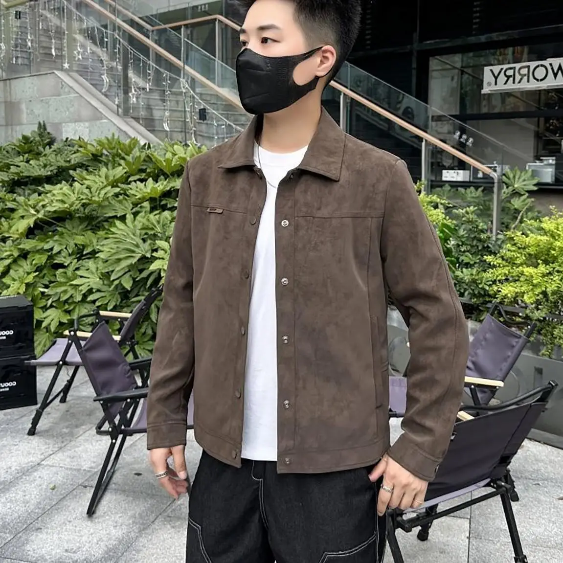 

Autumn Winter Men's Jaet 2024 New Sli Thiened Suede Stand Collar Coat Youth Faion Stand Fit Outerwear for Teens