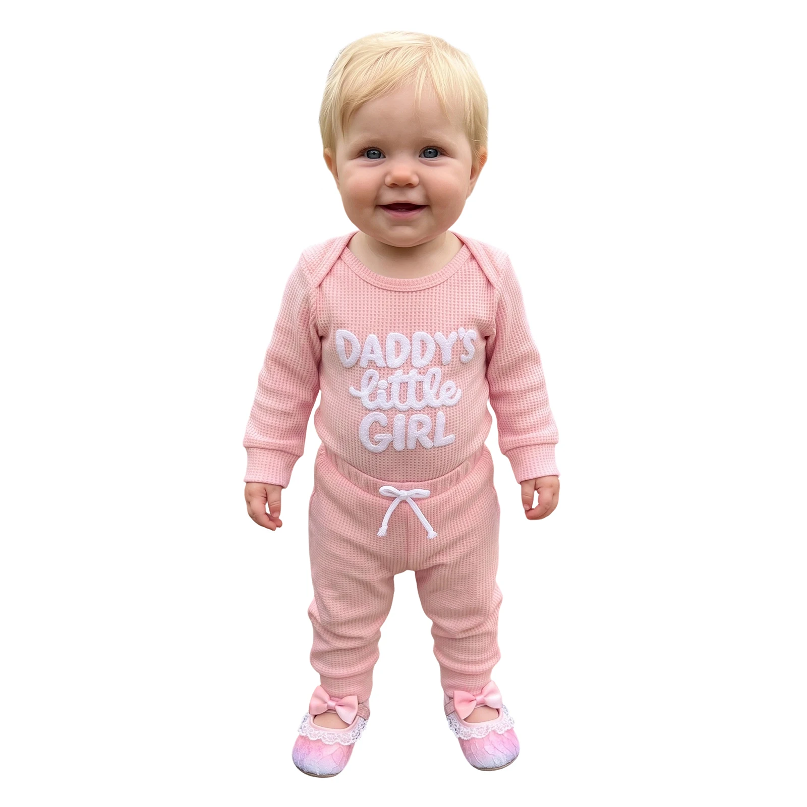 Infant Girls Fall Outfit Waffle Knit Long Sleeve Crew Neck Romper Jogger Pants