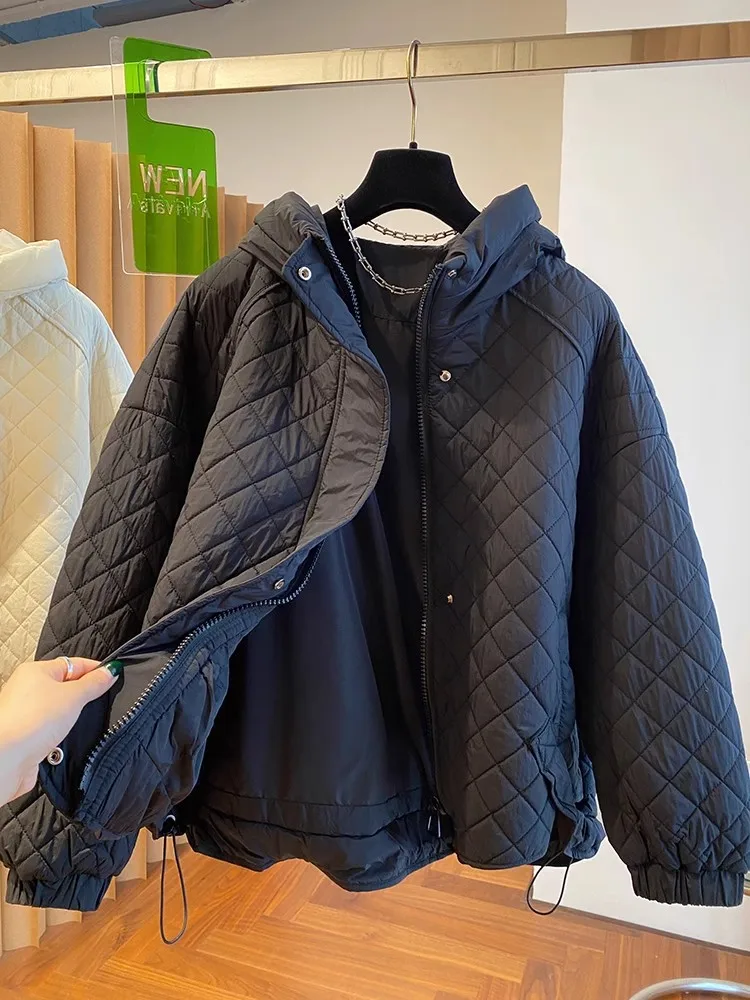 Warm Diamond Check Jacket Quilted Korean Fashion Single-Breasted Hooded Cotton Padded Coats Autumn Winter Outwear Clothes