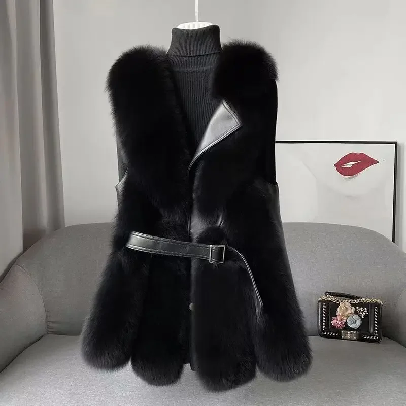 Faux Fur Jacket Women\'s Fall and Winter Fashion Sleeveless Thickened Vest Fluffy Warm Loose Lacing V-Neck Mid-Length Jacket