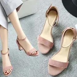 2022 New Thick Heel 7 Cm 5 Cm Sandals Women Summer Wild Large Size High Heel Mid-heel Buckle Sandals Open Toe Flock Pumps Shoes