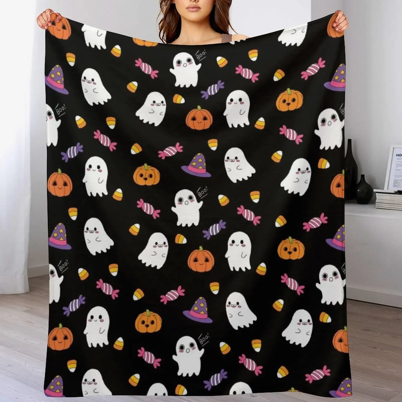 Cute Spoopy Ghosts and Halloween Candy Throw Blanket Nap Cute Plaid valentine gift ideas christmas gifts Blankets