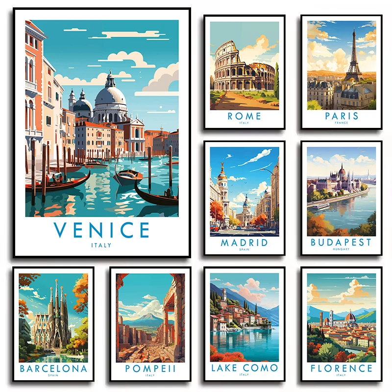 City Travel Florence Madrid Paris Venice Architecture Landscape Retro Poster Canvas Painting Wall Art Pictures Home Decor