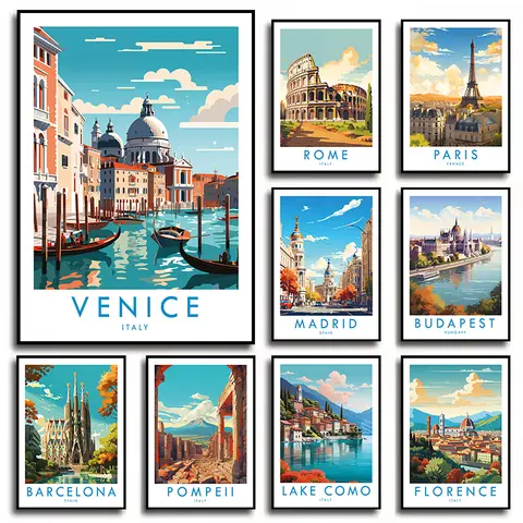 City Travel Florence Madrid Paris Venice Architecture Landscape Retro Poster Canvas Painting Wall Art Pictures Home Decor