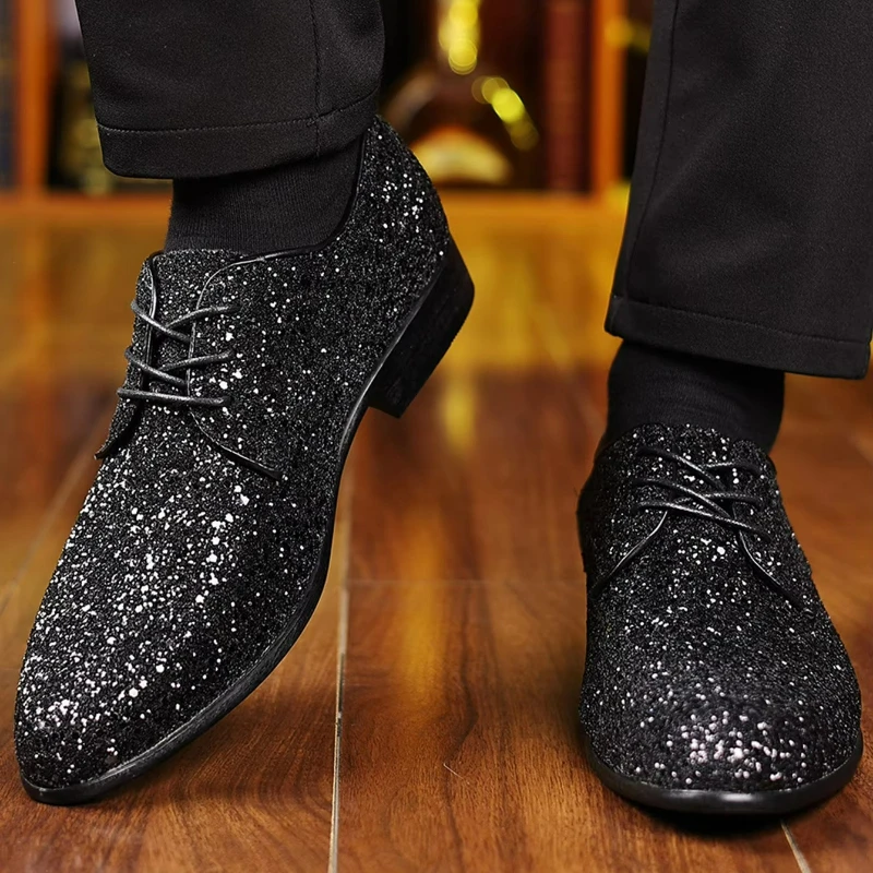 Men Loafer Dress Shoes New Diamond Pointed Toe Shoes Gold Luxury Brand Men Paillette Fashion Mens Leather Shoes Zapatos Hombre