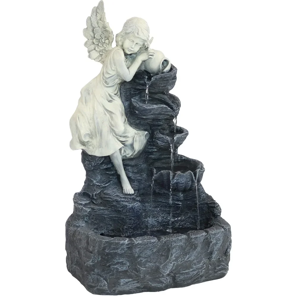 Angels Descend 29-Inch Solar Fountain with LED Light - Garden Fountains - Polyresin