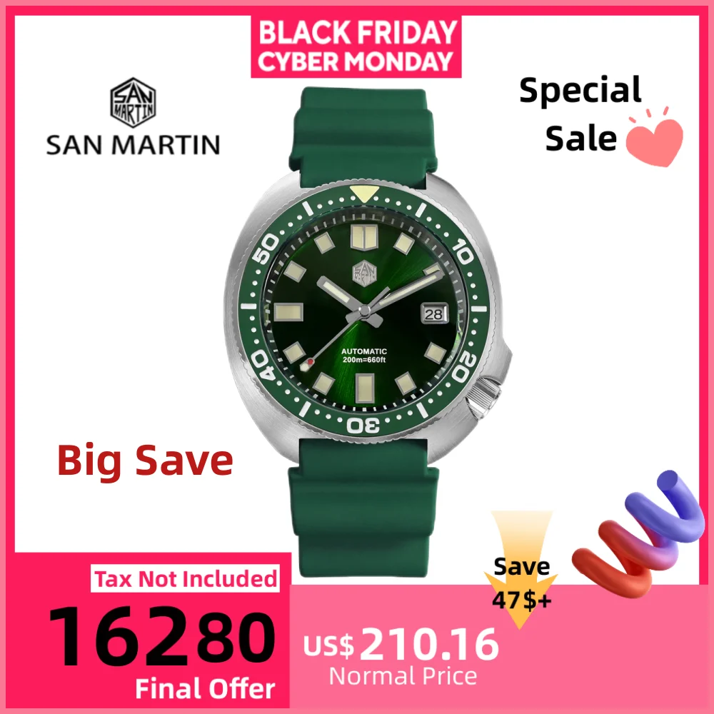 

San Martin Новые 44 мм мужские механические часы с черепахой NH35 Автоматические наручные часы с автоподзаводом с сапфировым стеклом Lume 20 бар Роскошные Reloj SN0047G-B