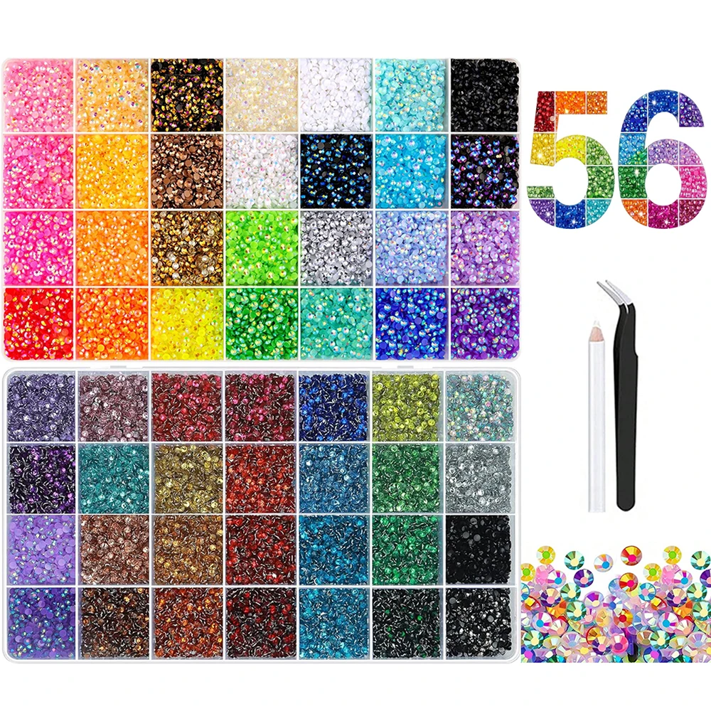 3/4/5mm 56-Color Bedazzling Kit Ab Resin Jelly Flat-Back Rhinestone Set Diamond Decoration Crystal Mixed Color Gems Suitable for DIY Phone Cases, Clothing, Water Bottles, Decorations, Crafts, Fabric Clothing, Shoes, Hats, Holiday Gifts, Art