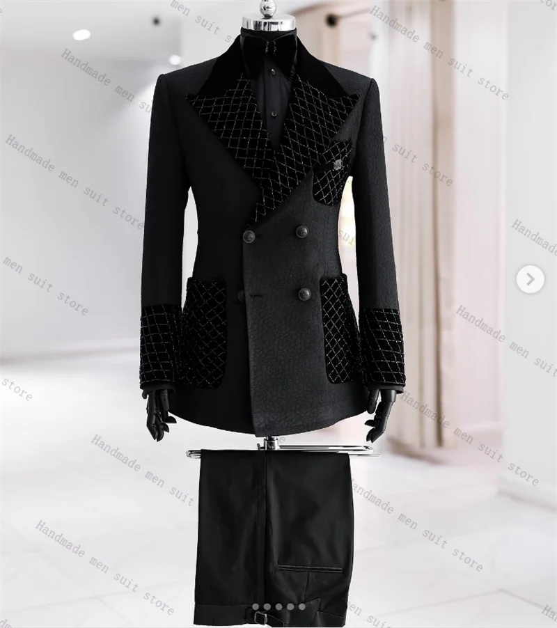 

Black Crystals Men Suit Set 2 Pcs Blazer+Pants Trousers Formal Office Coat Autumn Groom Wedding Tuxedo Customized Jacket