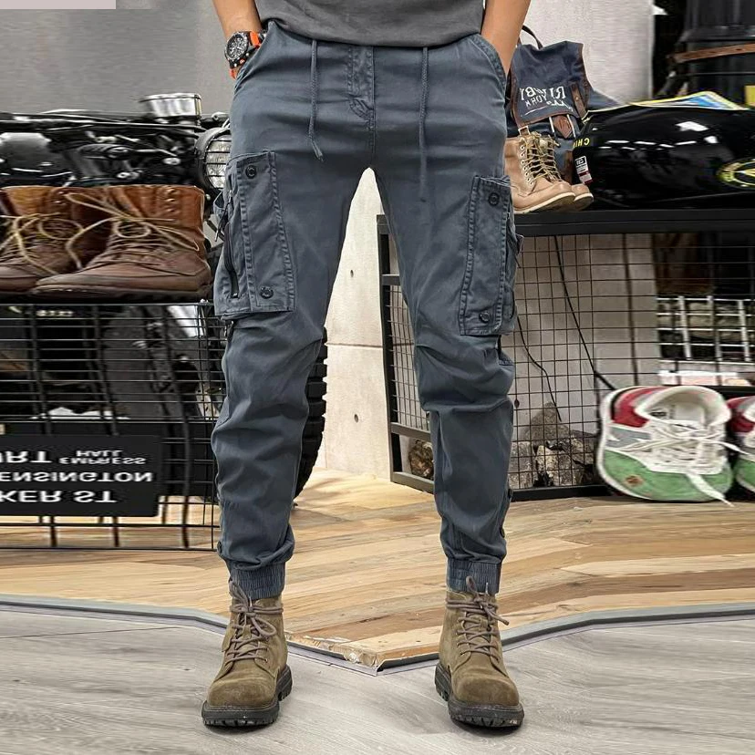 KIDWHXR Herren Cargo-Hose Taktische Arbeitshose Outdoor-Sport Freizeithose Einfarbige Hose mit Kordelzug und Taschen – Detail 2
