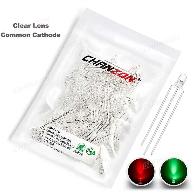 Bicolor 3 mm LED Light Emitting Diode Lamp 100pcs Green Red Common Cathode Anode Clear Diffused Indicator 3V DIY Bi Color Bulb
