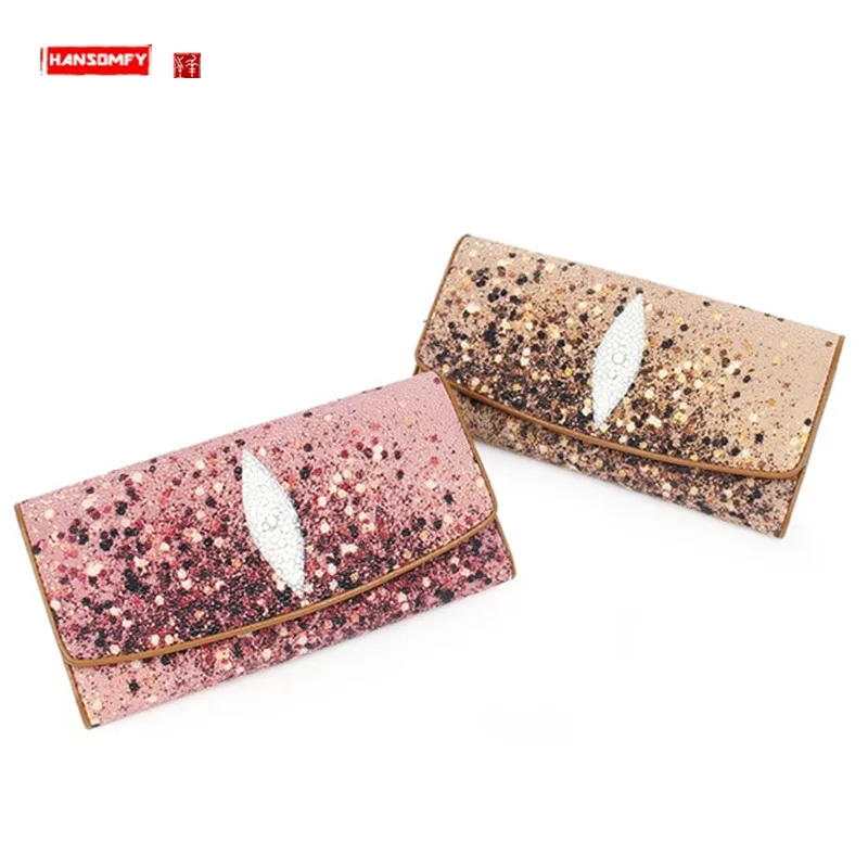 Genuine Leather Pearl Fish Leather Wallet Women's Long Purses New 2022 Fashion All-match Ladies Clutch Phone Bag Large Capacity