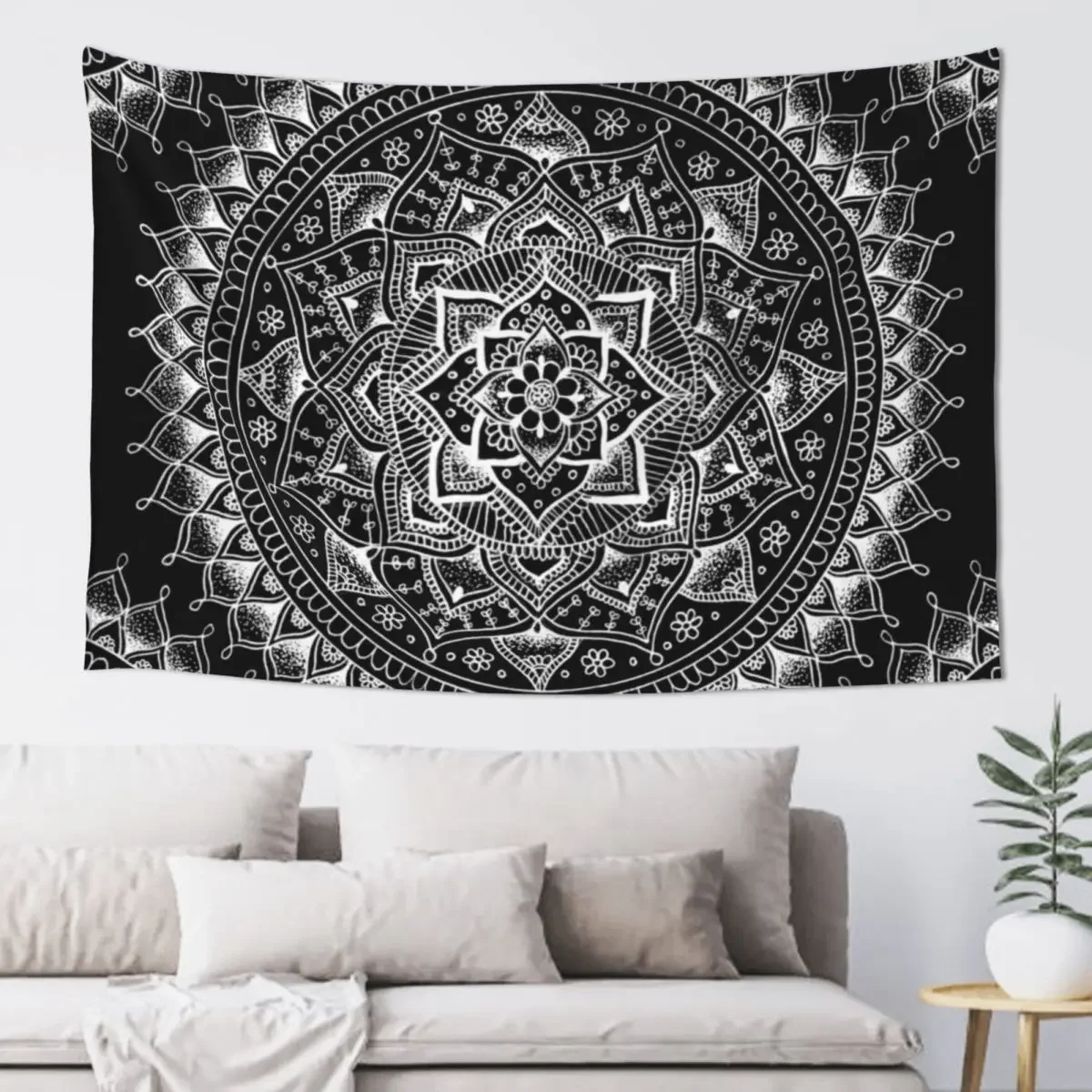 White Flower Mandala on Black Tapestry Room Decoration Aesthetic House Decorations Tapestry