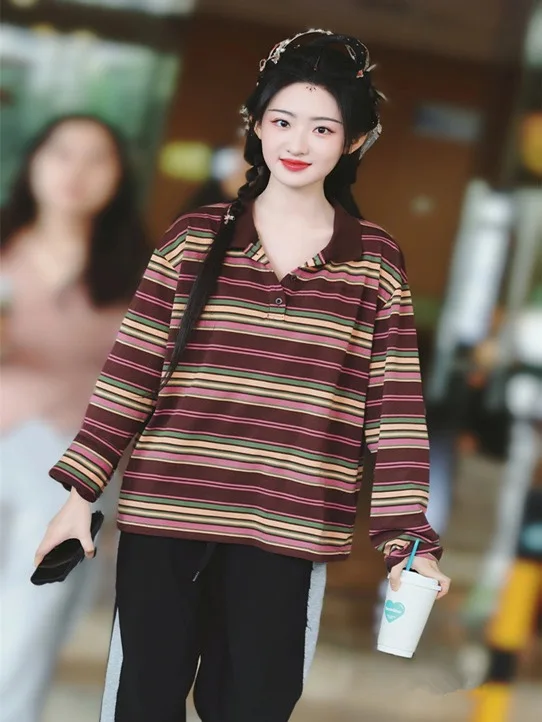 

Loose Fit Long Sleeve Neck Striped T-Shirt Women's Early Autumn New Style Korean Lazy Casual Top Breathable Skin-Friendly