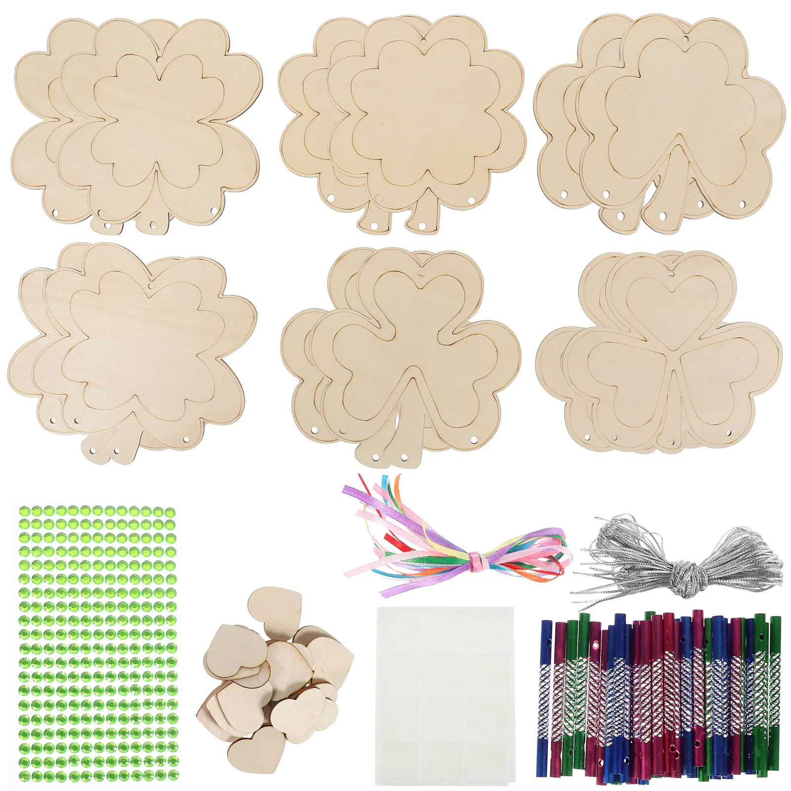 

1Set DIY Shamrock Wind Chime Kit Unfinished Wooden Blank Craft for St Patrick Day Spring Party Garden Porch Balcony Home Decor