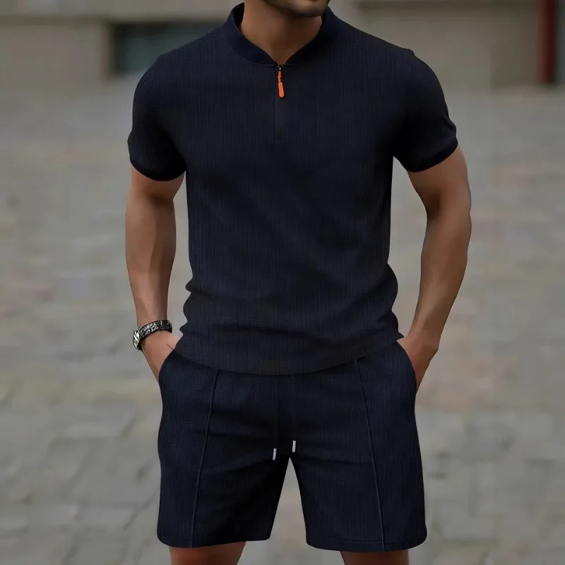 

Men's Wfle Knit 2 Piece Outfits Short Sleeve Zipper Henley Shirt and Shorts Casual Sports Sets