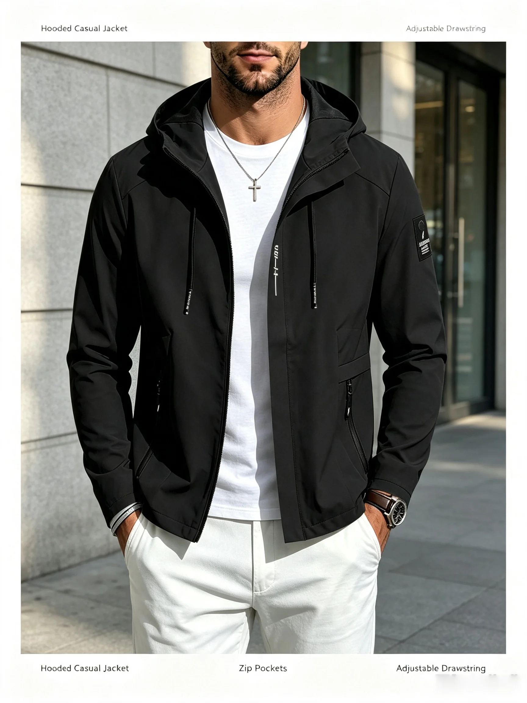 Men Hooded Jacket Casual Lightweight Durable Windbreaker Zip Up Drawstring Hood Coat Outerwear For Men Daily Outdoor Streetwear