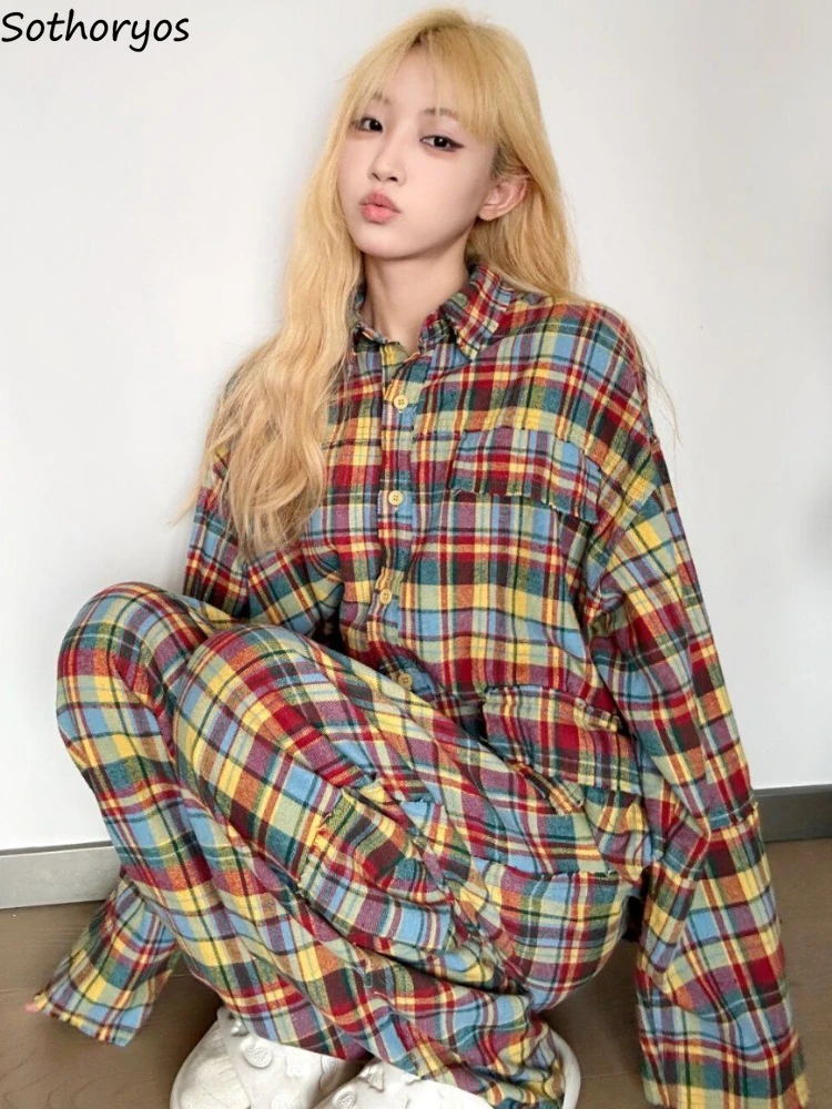 

Pajama Sets Women Plaid Ulzzang Vintage Spring Autumn Cozy Homewear Turn-down Collar Chic Leisure Students Pijamas De Mujer New