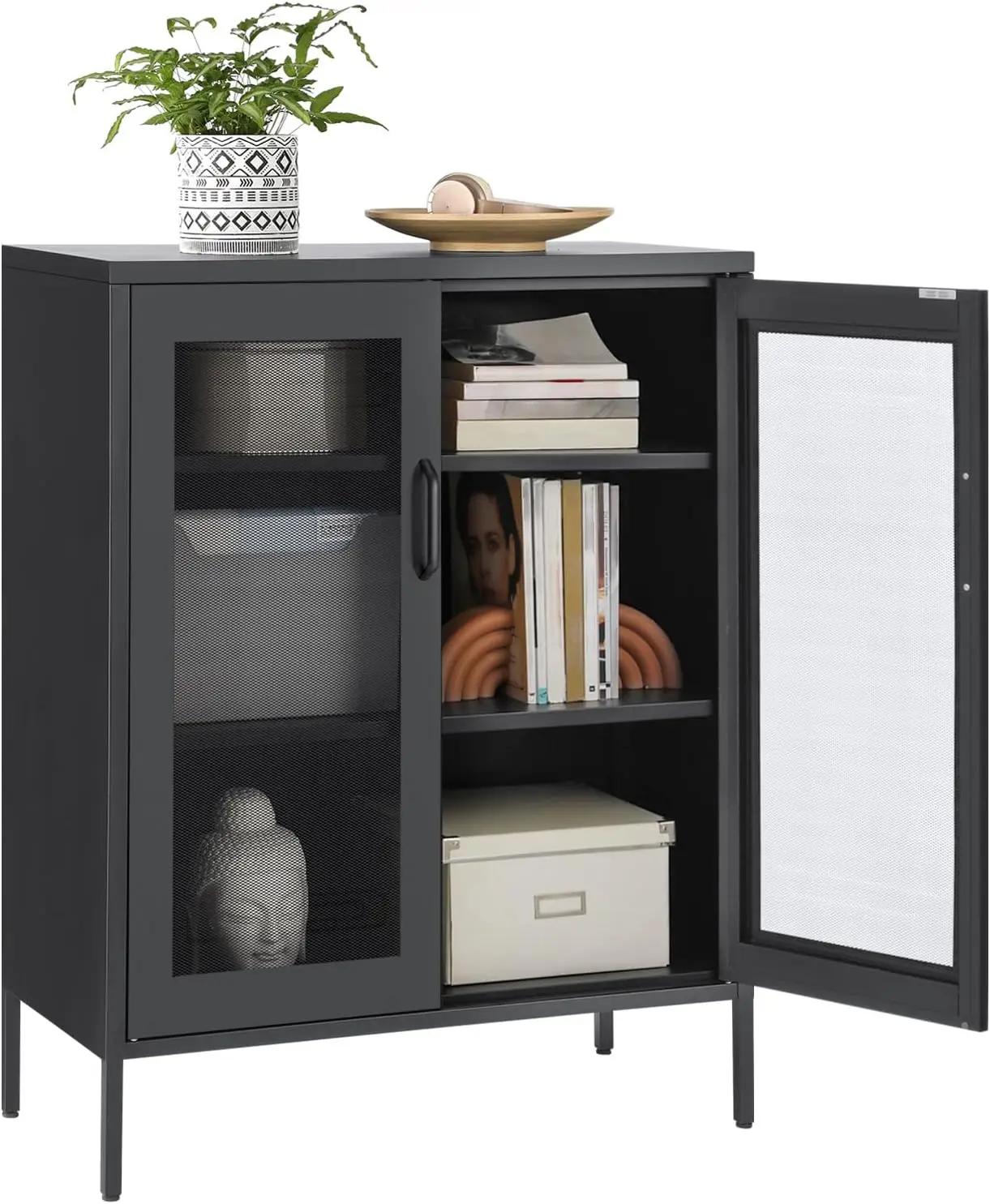 Metal Storage Cabinet with Mesh Doors, Steel Display Cabinets w/ Adjustable Shelves for Living Room Bathroom Home Office, Black